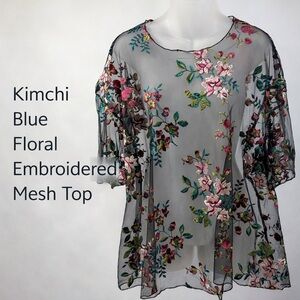 Kimchi Blue Embroidered Floral Mesh Top Sheer Black Large